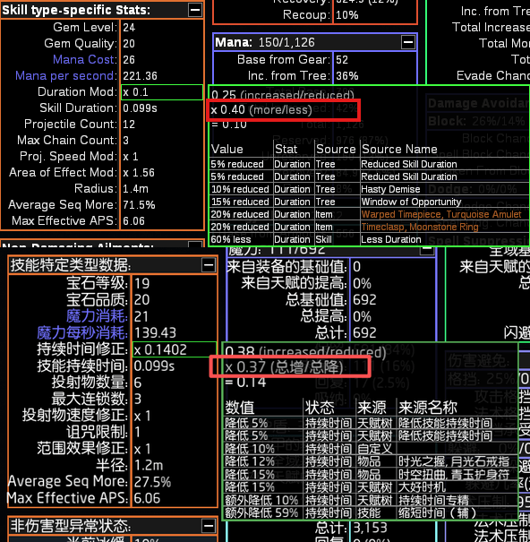 在 PoB 中查找技能持续时间总降
